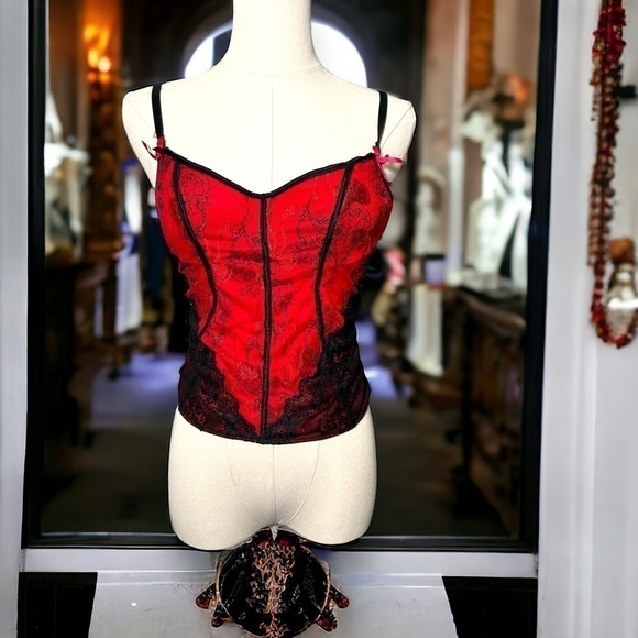 Vintage Red Black Lace Corset Top  Y2K Gothic Whimsigoth Coquette Lingerie 34B - Picture 2 of 9